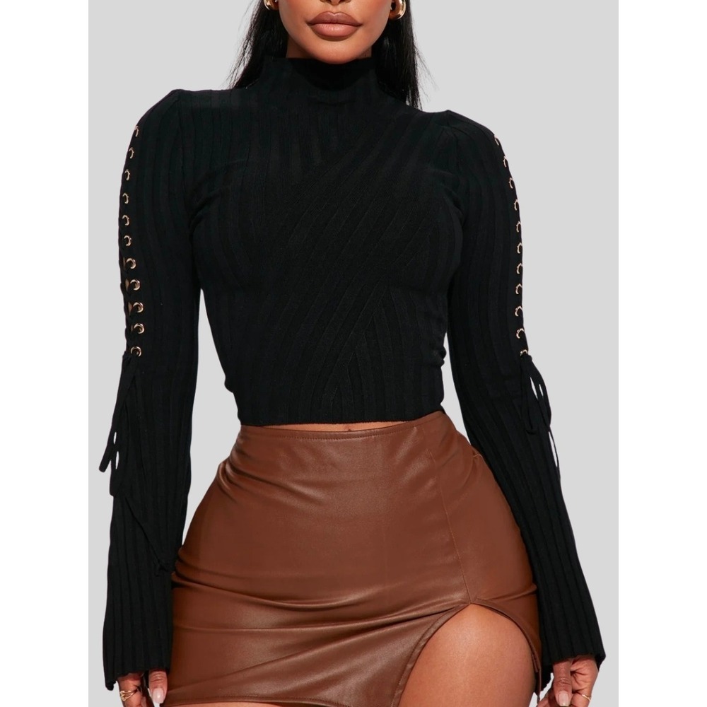 Lace Up‎ Bell Sleeve Mock Neck Crop Top XS Black Ribbed Stretchy Shirt Goth Y2K